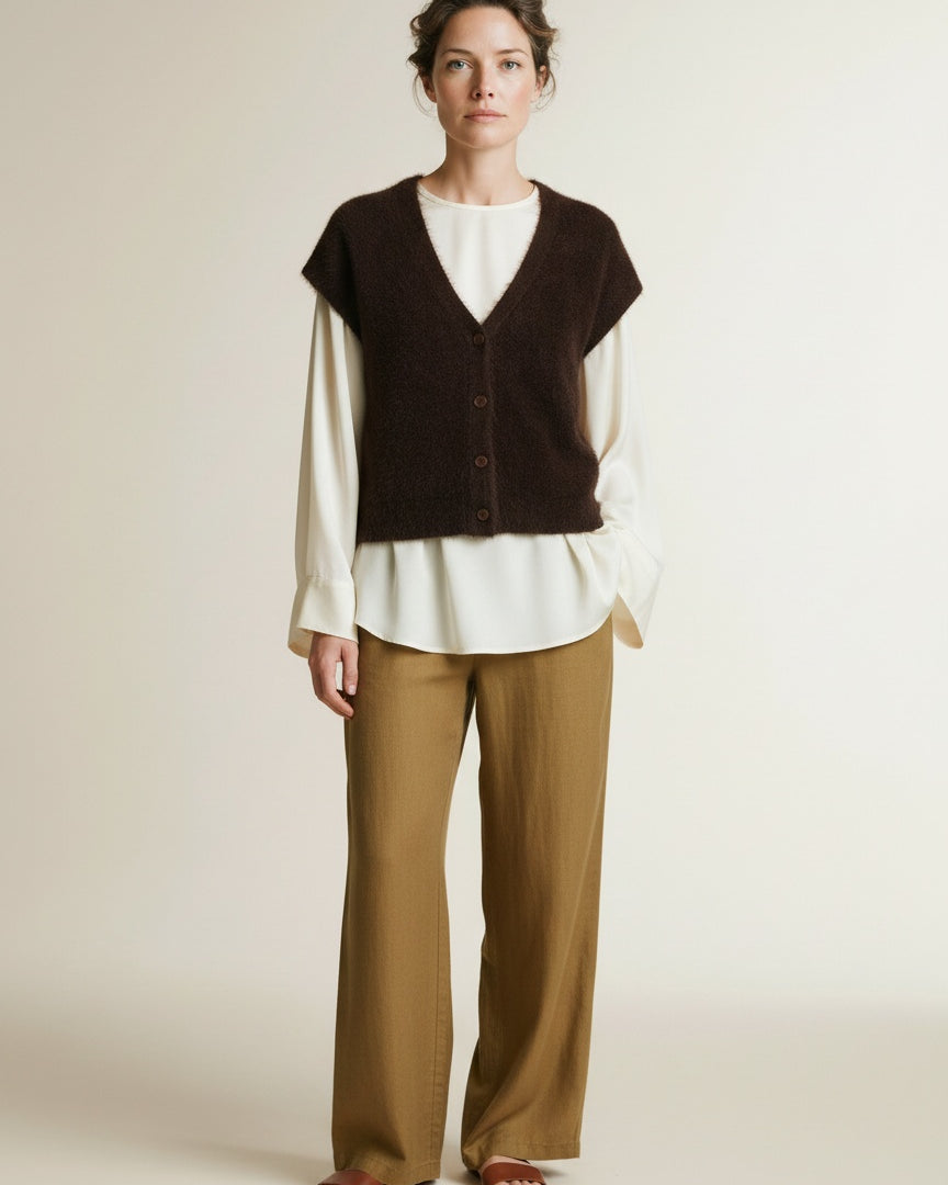 Full body view of the model wearing Red Button Sleeveless Fuzzy Espresso