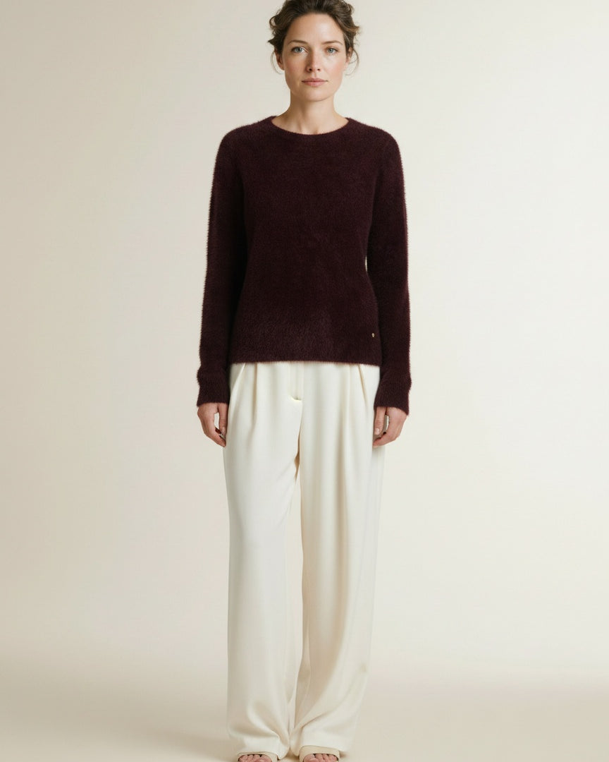 Full body view of the model wearing Red Button Sweet Fuzzy Burgundy