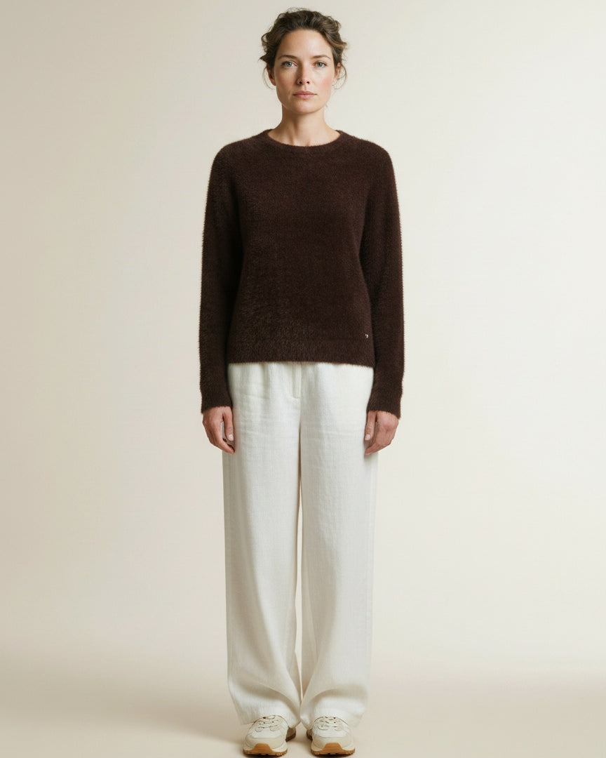 Full body view of the model wearing Red Button Sweet Fuzzy Espresso