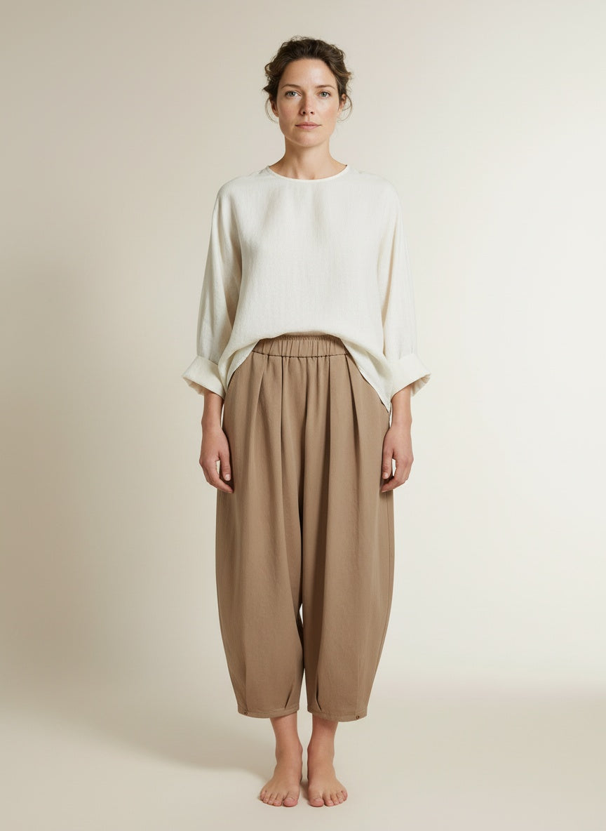 Full body view of the model wearing Mos Mosh Mmnuello Gunilla Pant Sesame
