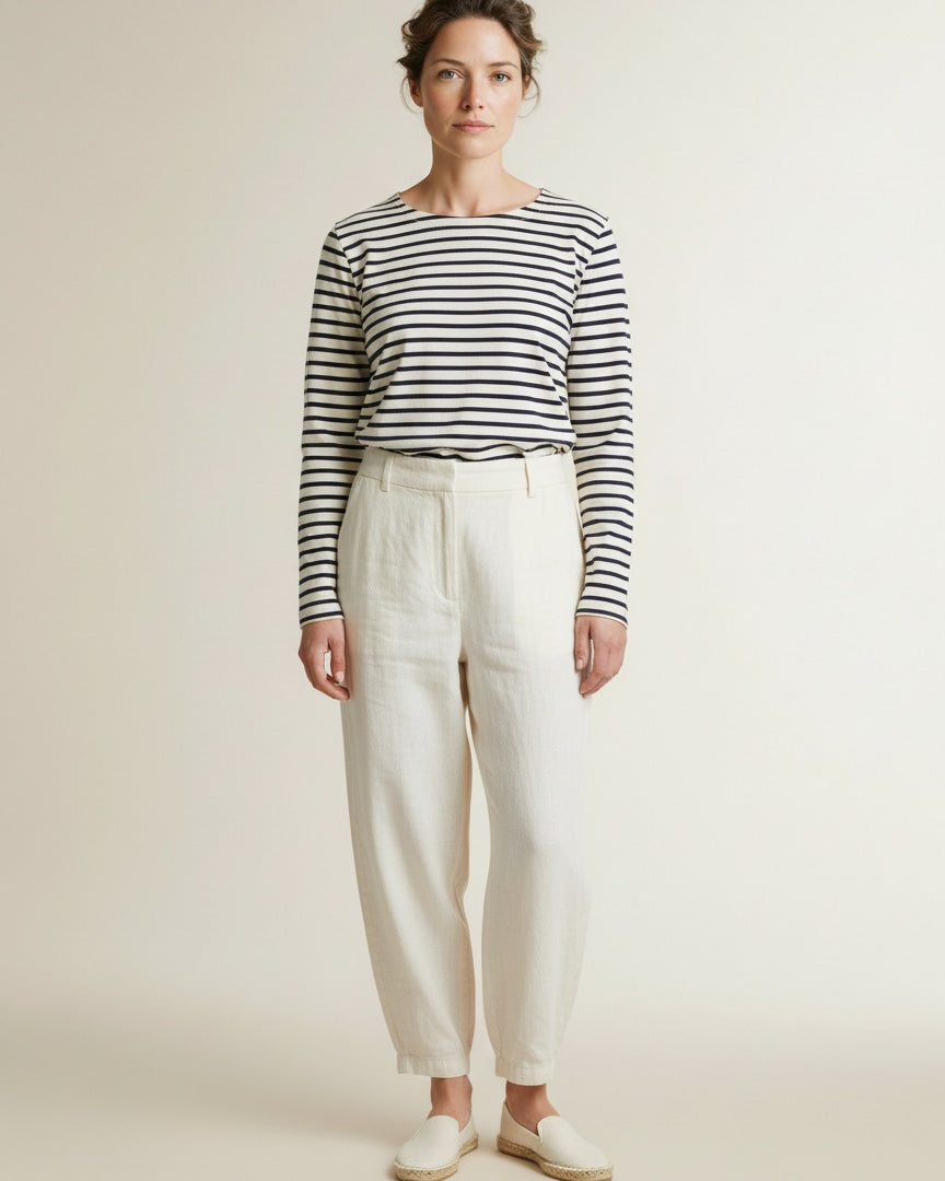 Full body view of the model wearing Red Button Terry Stripe Creme/navy