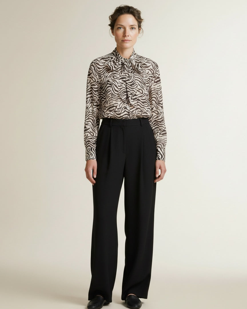 Full body view of the model wearing Red Button Blouse Zebra Espresso