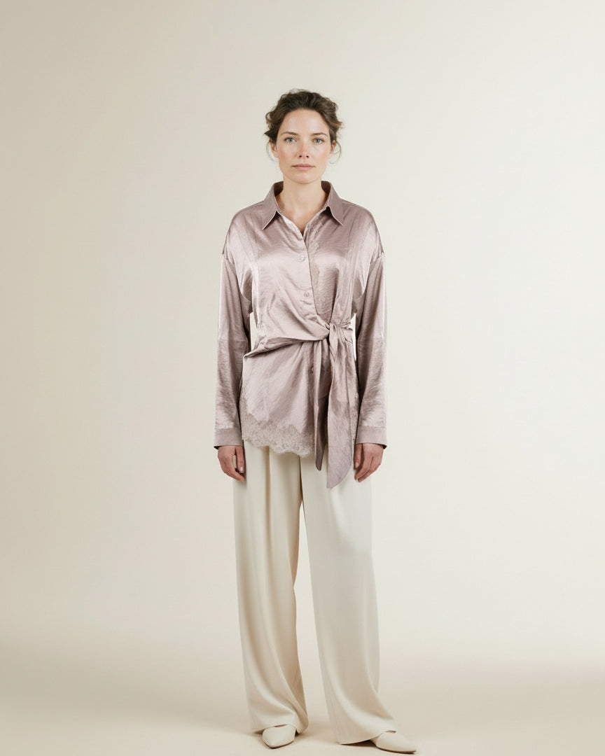 Full body view of the model wearing Nukus Amy Blouse Lace 9 Sand