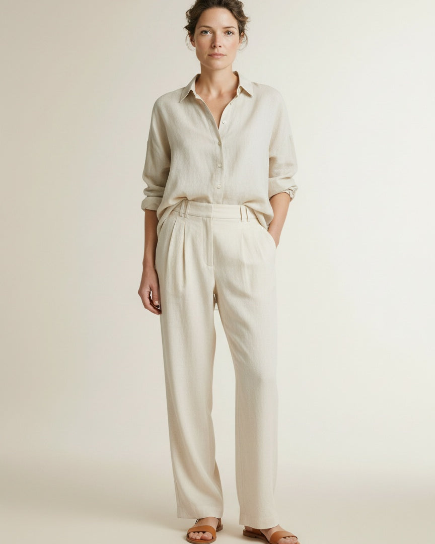 Full body view of the model wearing Yaya Woven Trousers With Wide Legs L32 Cloud Creme White