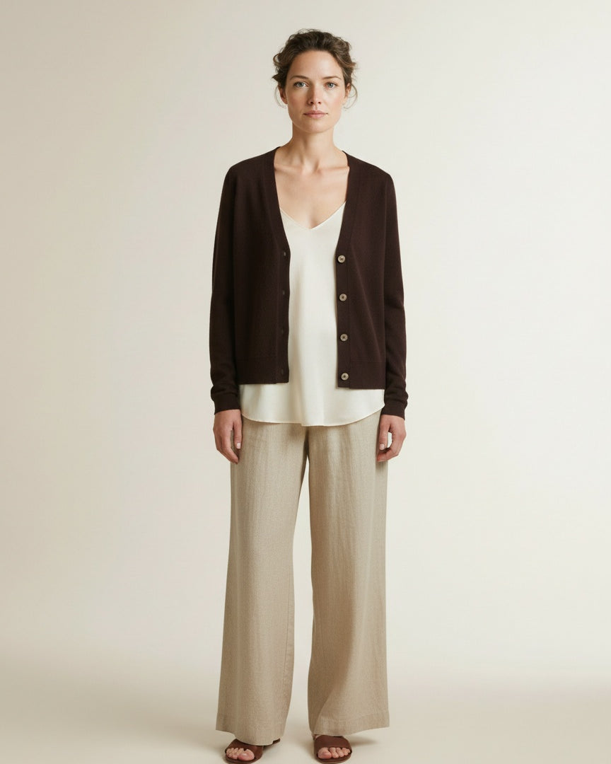 Full body view of the model wearing Red Button Emilie Knit Blazer Espresso