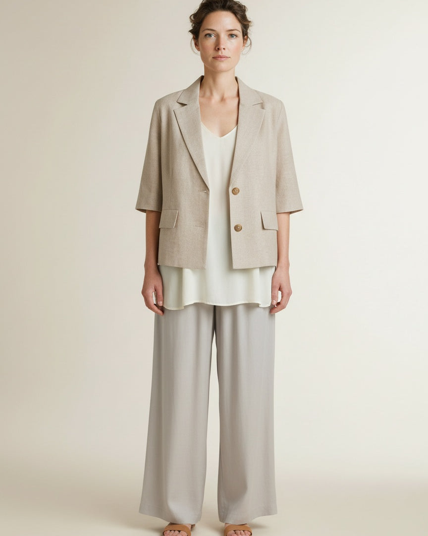Full body view of the model wearing Red Button Blazer Linen/visco Melange Pebble