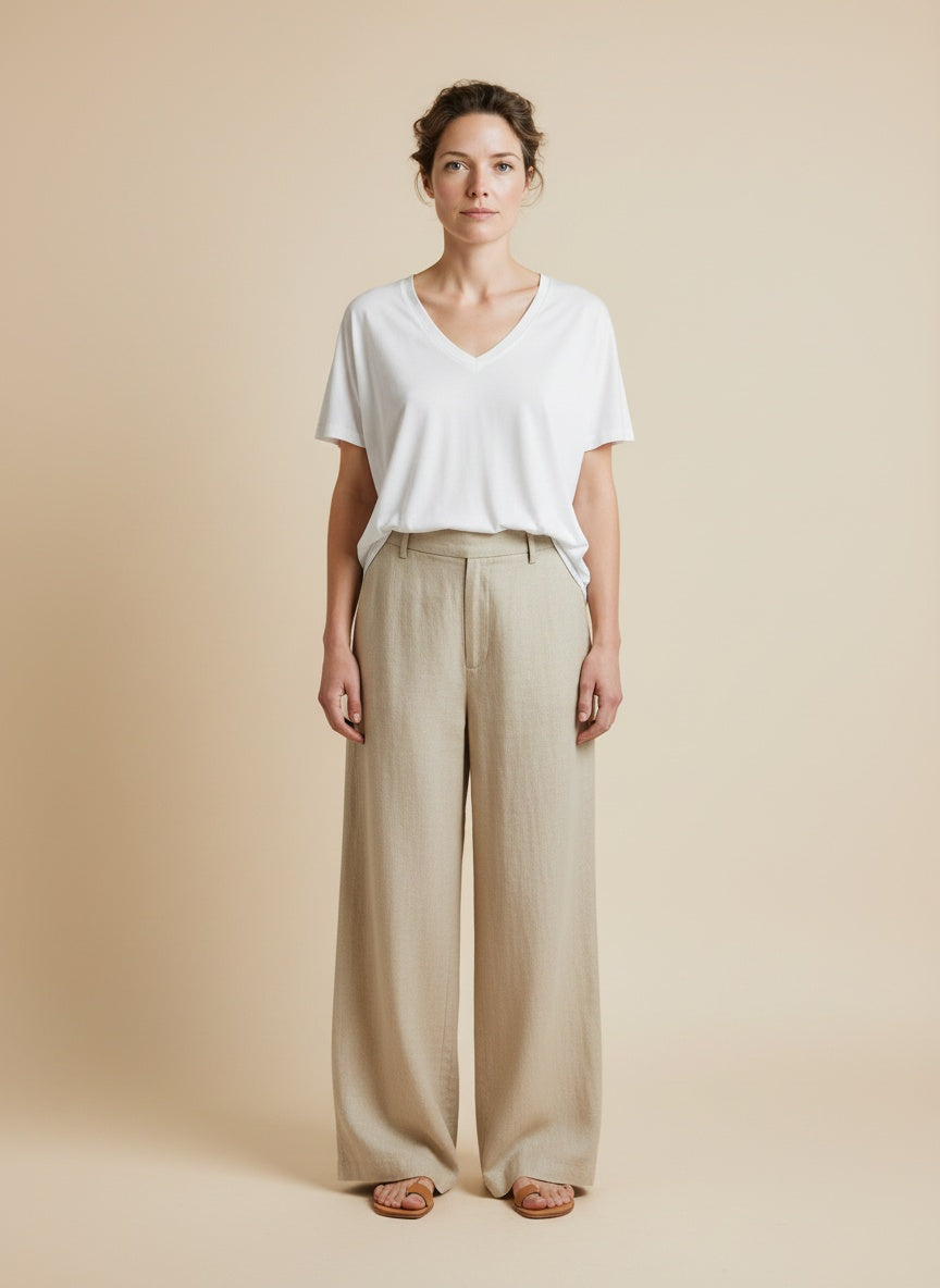 Full body view of the model wearing Msch Copenhagen Mschfenya Modal V Neck Tee Bright White