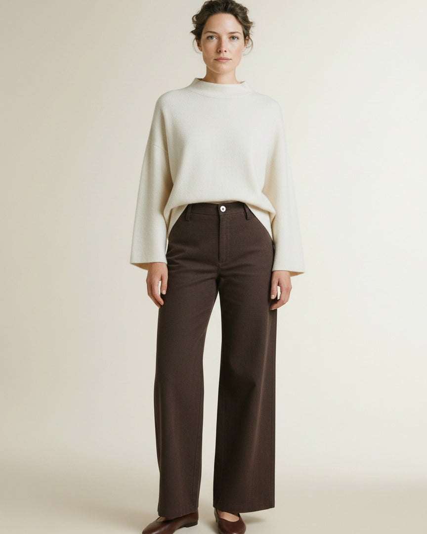 Full body view of the model wearing Mac New Orleans Jeans Bitter Chocolate