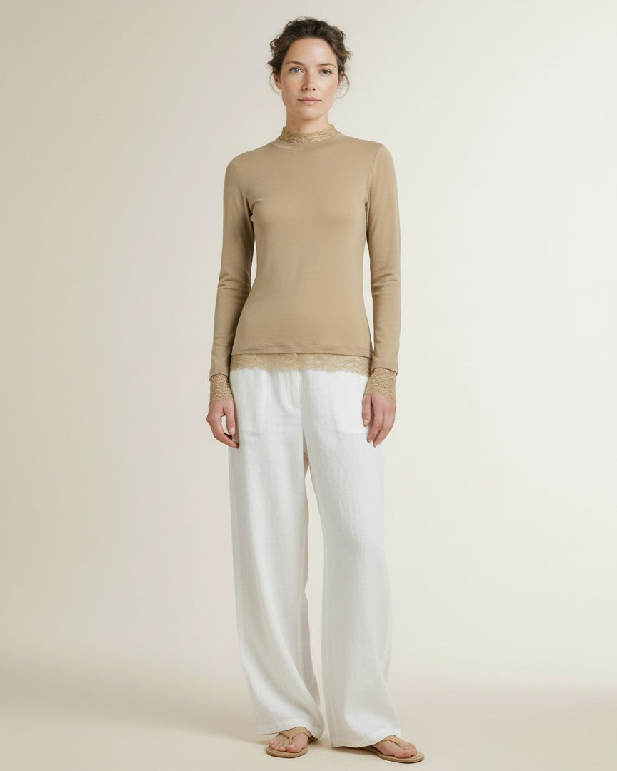 Full body view of the model wearing Yaya Long Sleeve Top With Lace Edges Cornstalk Brown