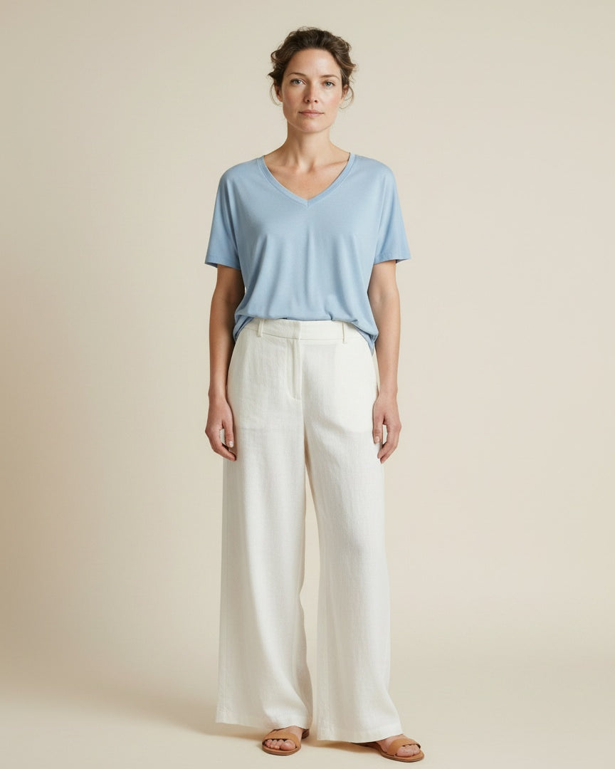 Full body view of the model wearing Msch Copenhagen Mschfenya Modal V Neck Tee Summer Song