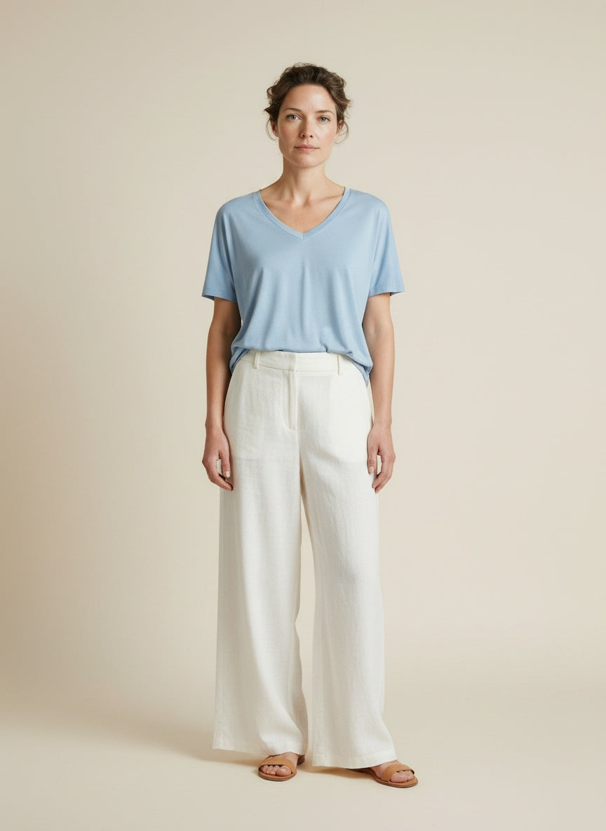 Full body view of the model wearing Msch Copenhagen Mschfenya Modal V Neck Tee Summer Song