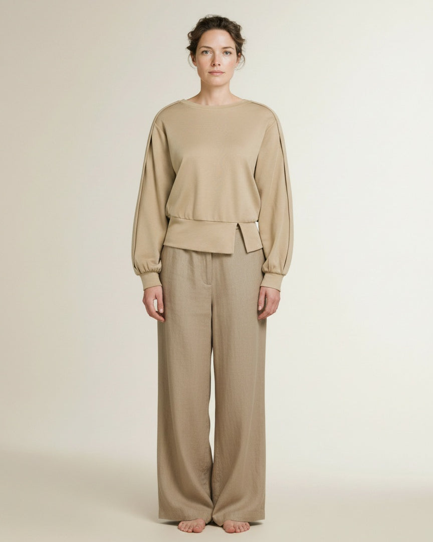 Full body view of the model wearing Yaya Light Weight Sweatshirt With Folded Detail Cornstalk Brown