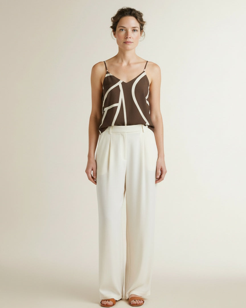Full body view of the model wearing Yaya Printed Singlet With V-neck Chocolate Martini Brown Des