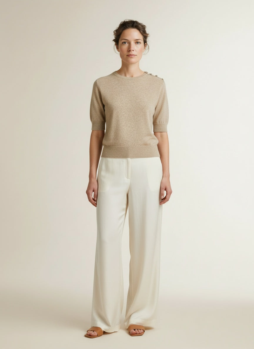 Full body view of the model wearing Yaya Sleeveless Sweater Shoulder Buttons Crockery Brown Mel