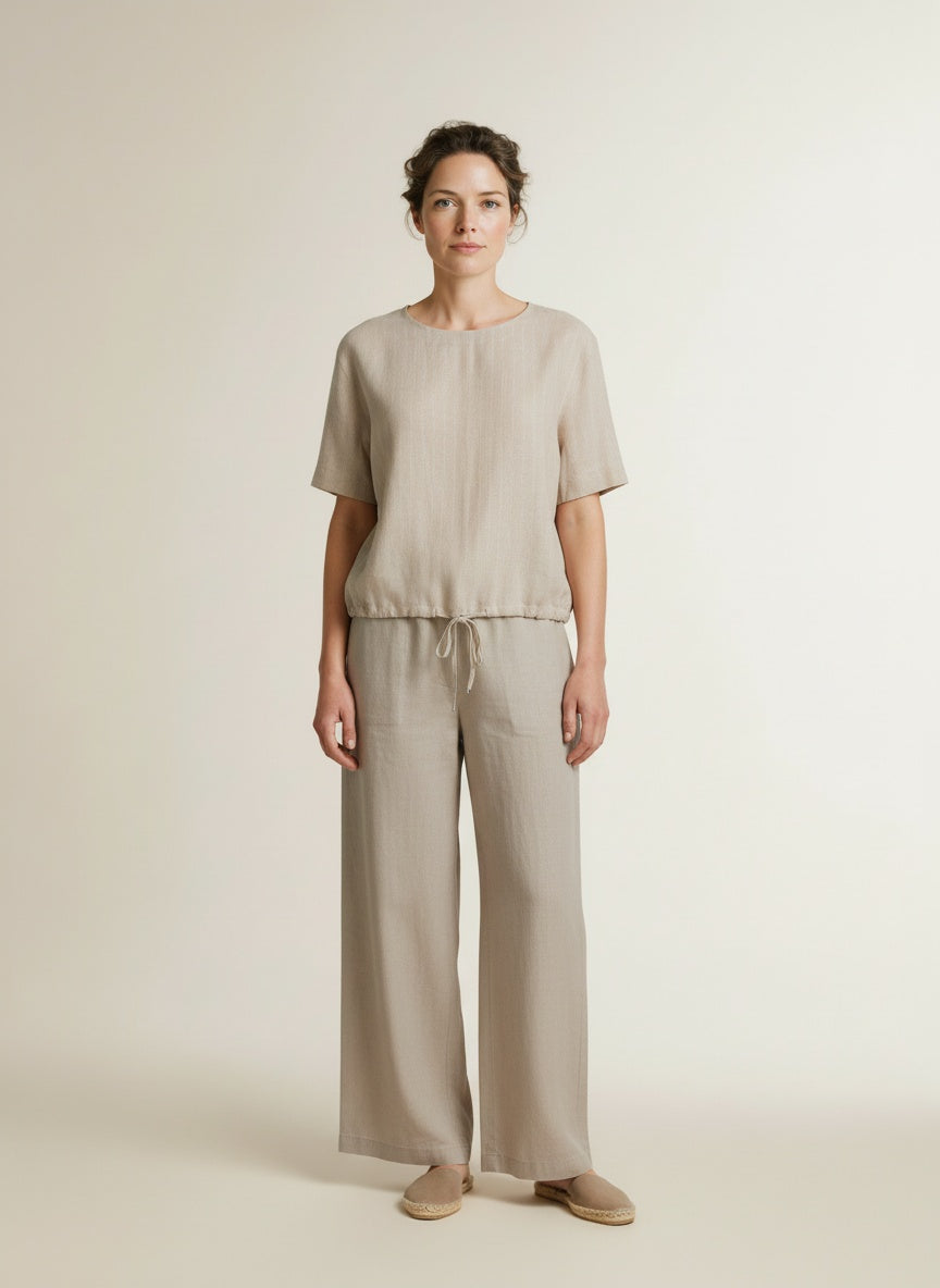 Full body view of the model wearing Red Button Skyler Linen/visc Pinstripe Pebble