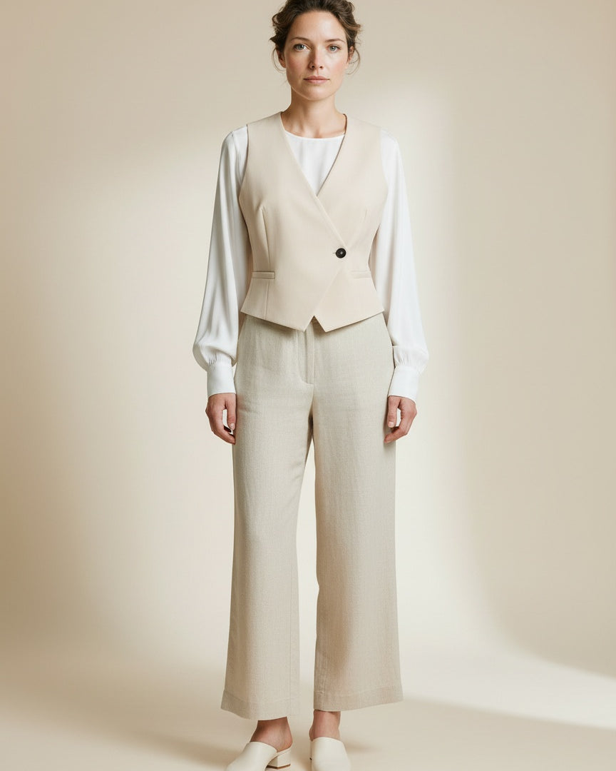 Full body view of the model wearing Yaya Gilet With Asymmetrical Closure Cloud Creme White