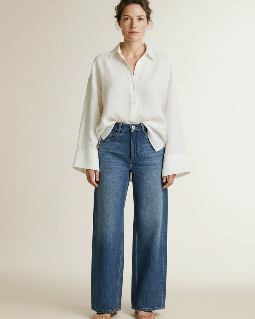 Full body view of the model wearing Mos Mosh Mmdarta Foster Jeans L30 401 Blue