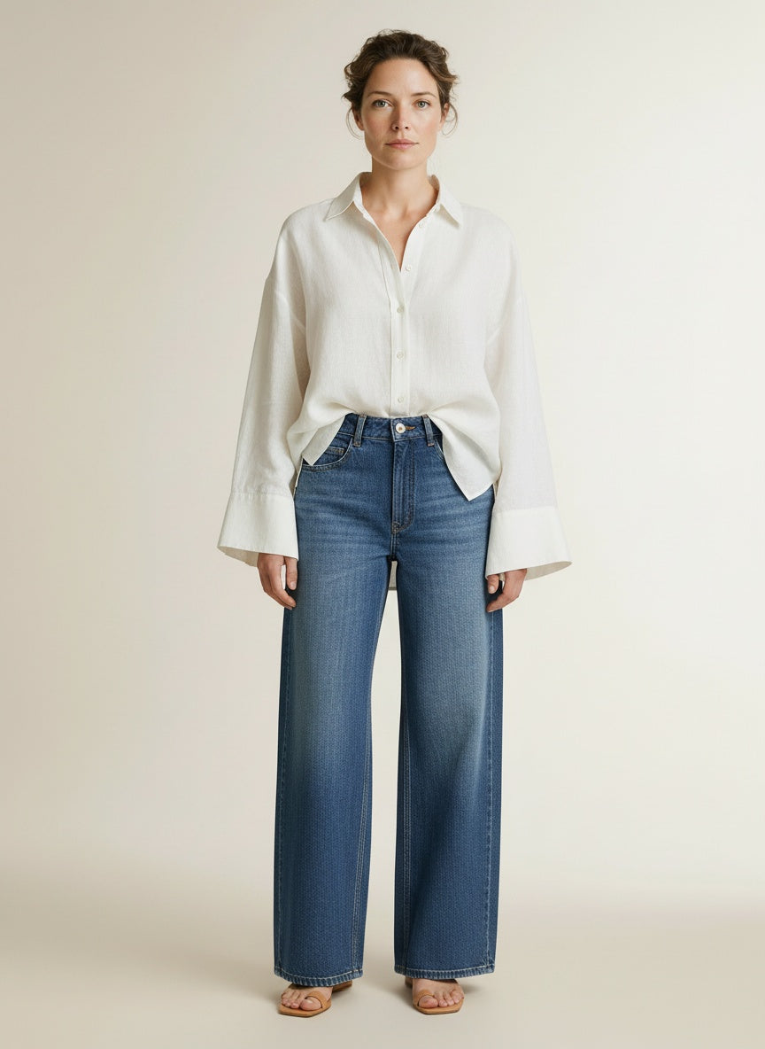 Full body view of the model wearing Mos Mosh Mmdarta Foster Jeans L30 401 Blue