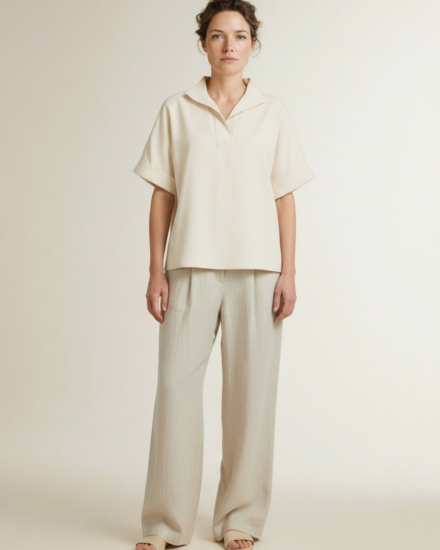 Full body view of the model wearing Yaya Top With Short Sleeves And Polo Collar Cloud Creme White