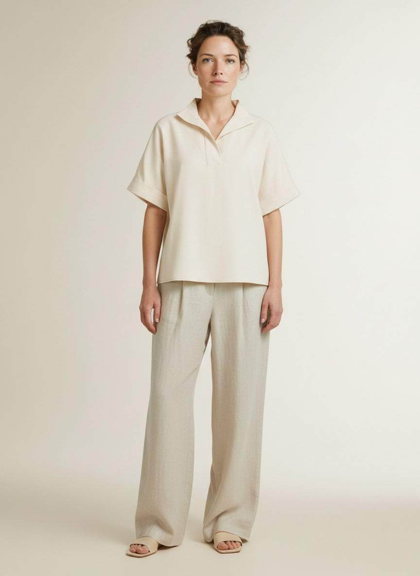 Full body view of the model wearing Yaya Top With Short Sleeves And Polo Collar Cloud Creme White