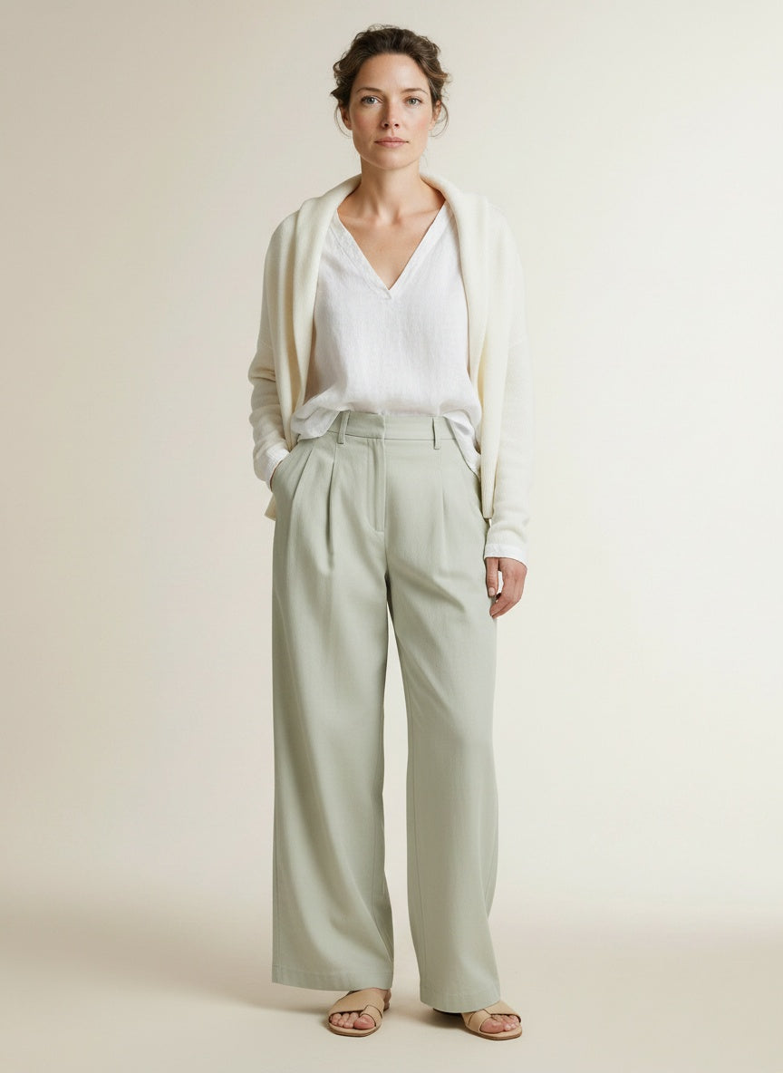 Full body view of the model wearing Copenhagen Muse Cmivanna-pants Green Tint