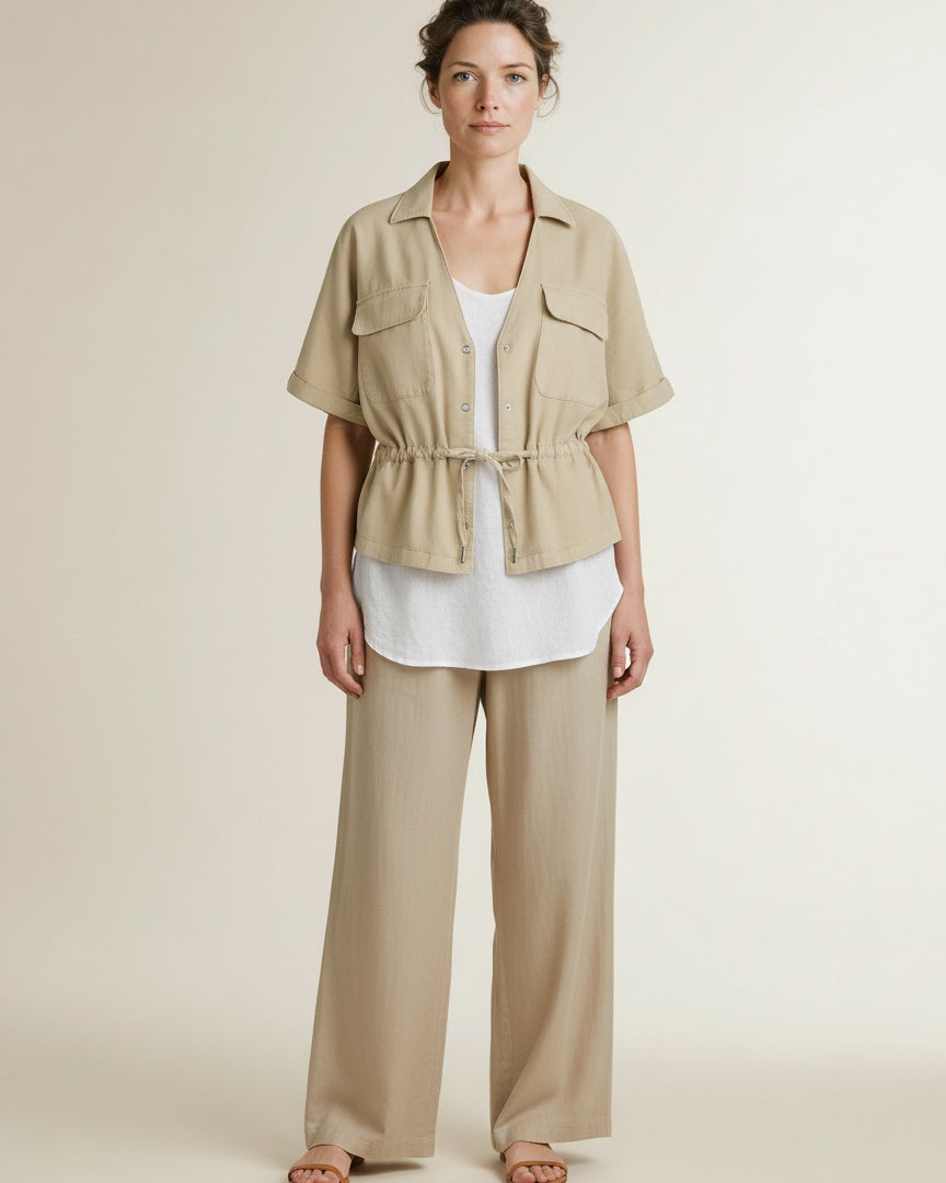 Full body view of the model wearing Red Button Drew Drawstring Co/linen Pebble