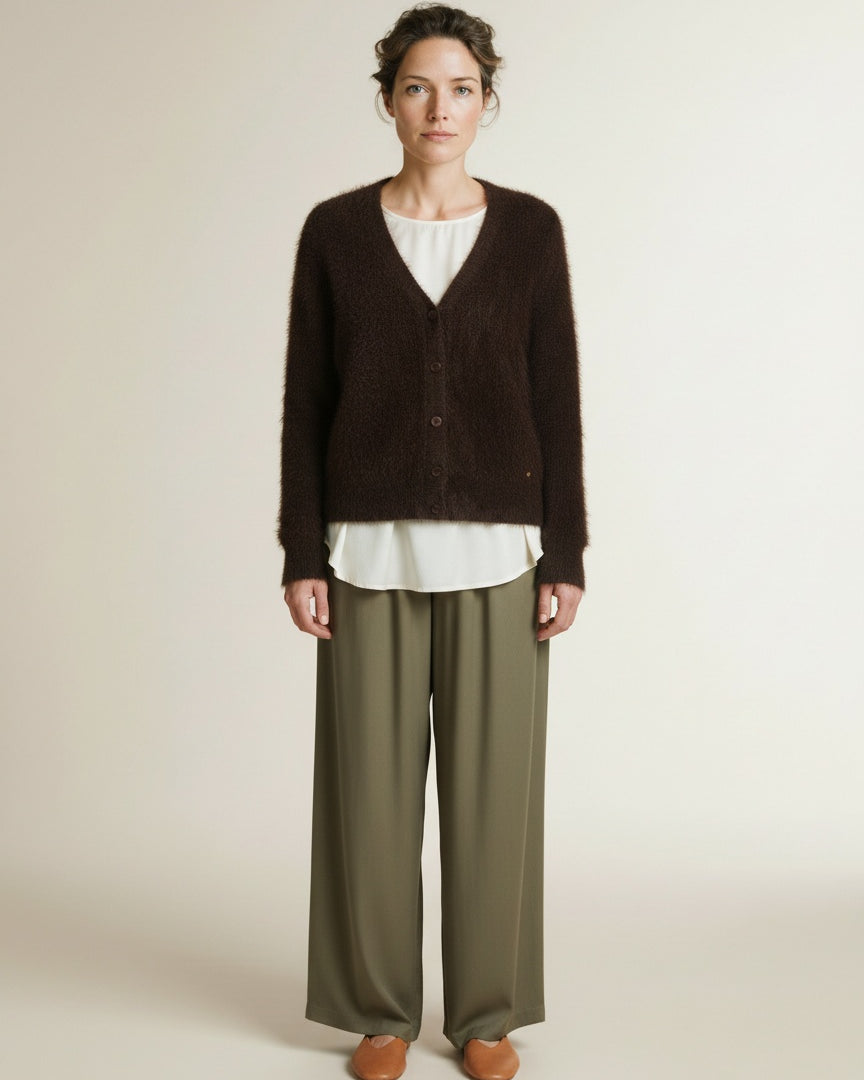 Full body view of the model wearing Red Button Cardigan Fuzzy Espresso