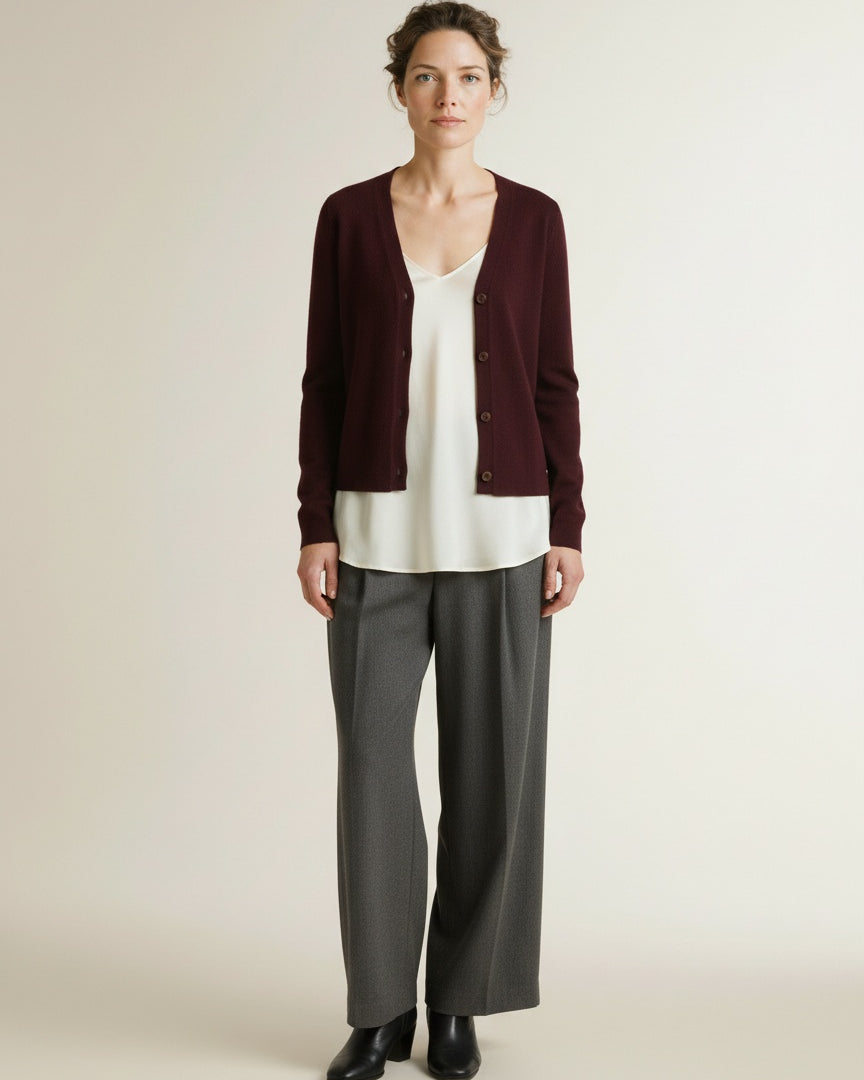 Full body view of the model wearing Red Button Emilie Knit Blazer Burgundy