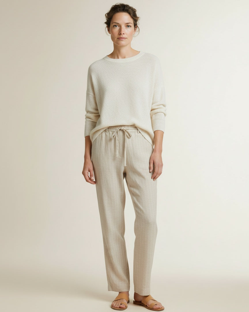 Full body view of the model wearing Red Button Claudette Linen/visco Pinstripe L33 Pebble-l33