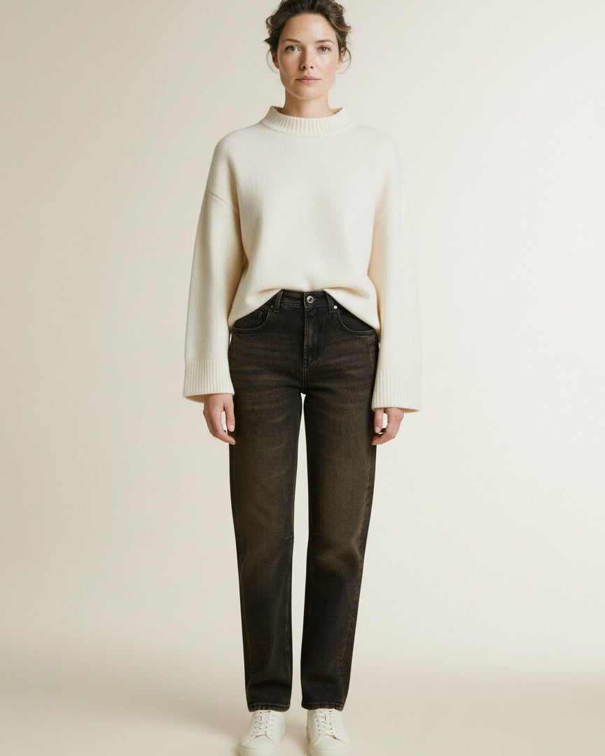 Full body view of the model wearing Red Button Caitlina Side Patch Denim Overdye Brown Black-l31
