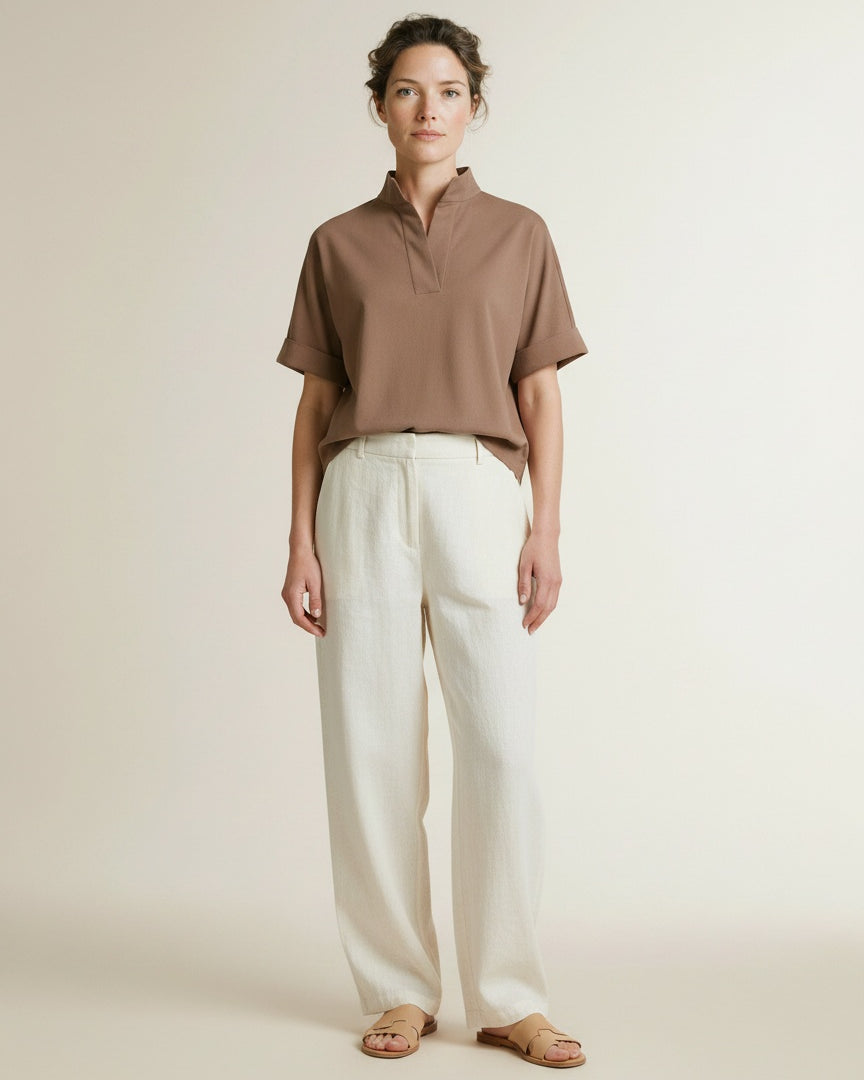 Full body view of the model wearing Yaya Top With Short Sleeves And Polo Collar Brownie Brown