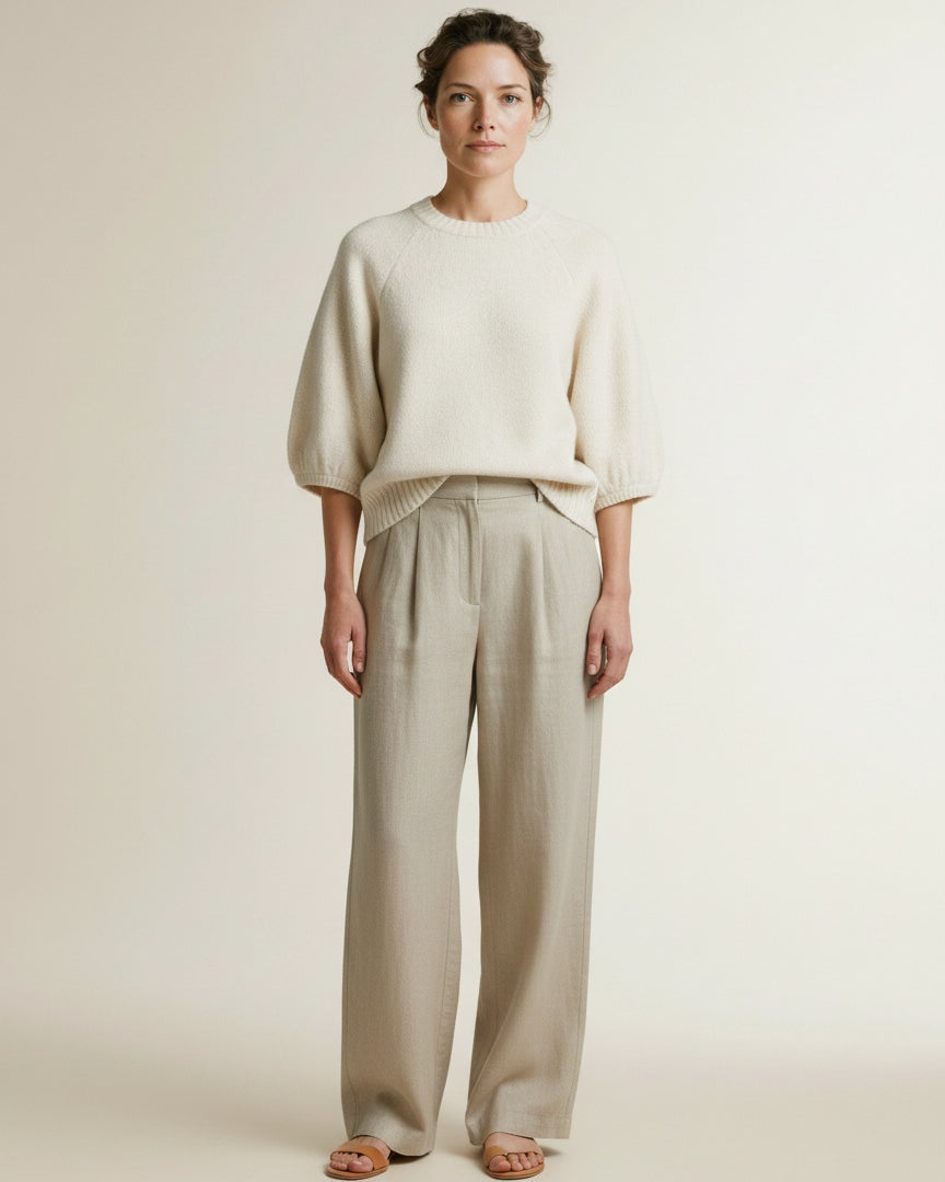 Full body view of the model wearing Yaya Sweater With Textured Sleeves Off White Melange