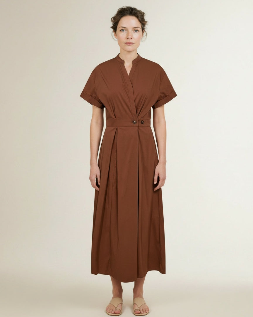 Full body view of the model wearing Co'couture Elaracc Wrap Ss Dress Suntan