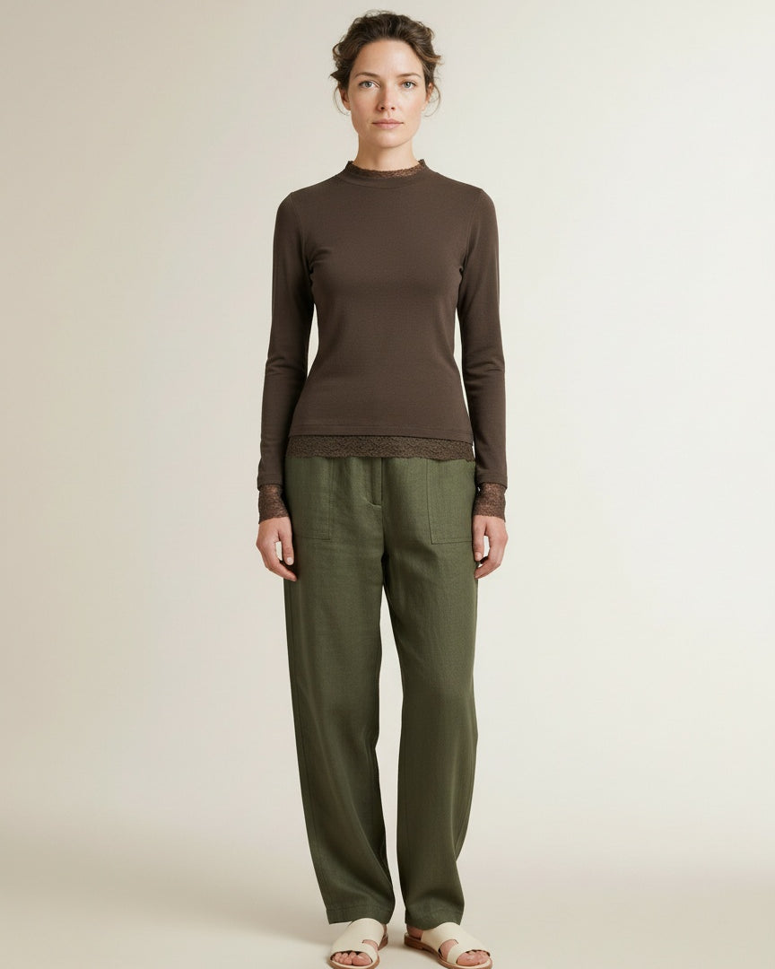 Full body view of the model wearing Yaya Long Sleeve Top With Lace Edges Slate Black Brown
