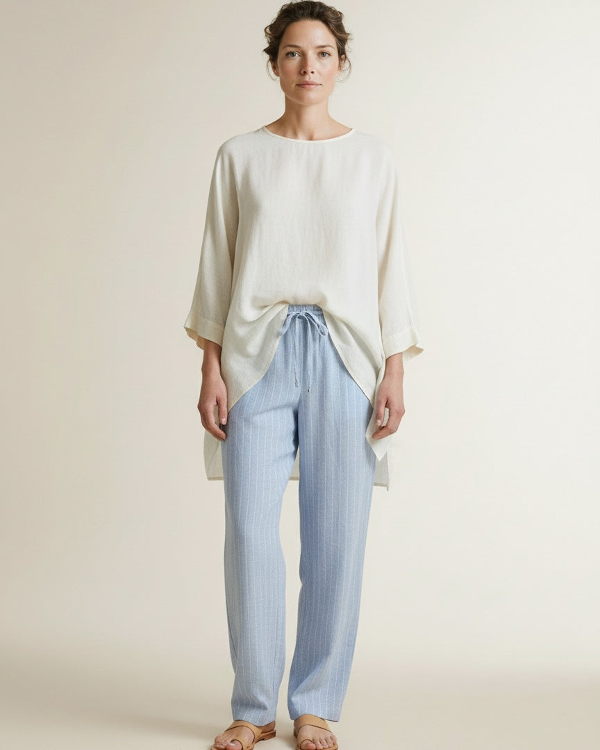 Full body view of the model wearing Red Button Claudette Linen/visco Pinstripe L33 Light Blue-l33