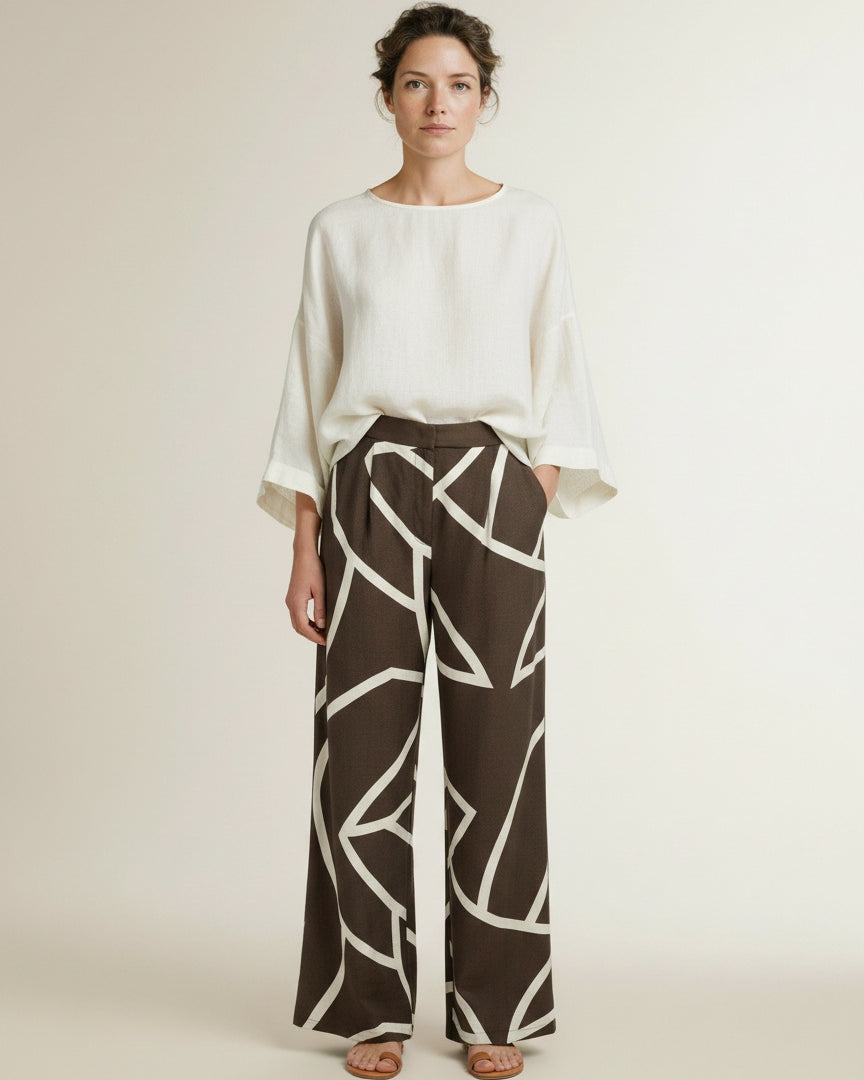 Full body view of the model wearing Yaya Woven Trousers With Wide Legs Chocolate Martini Brown Des