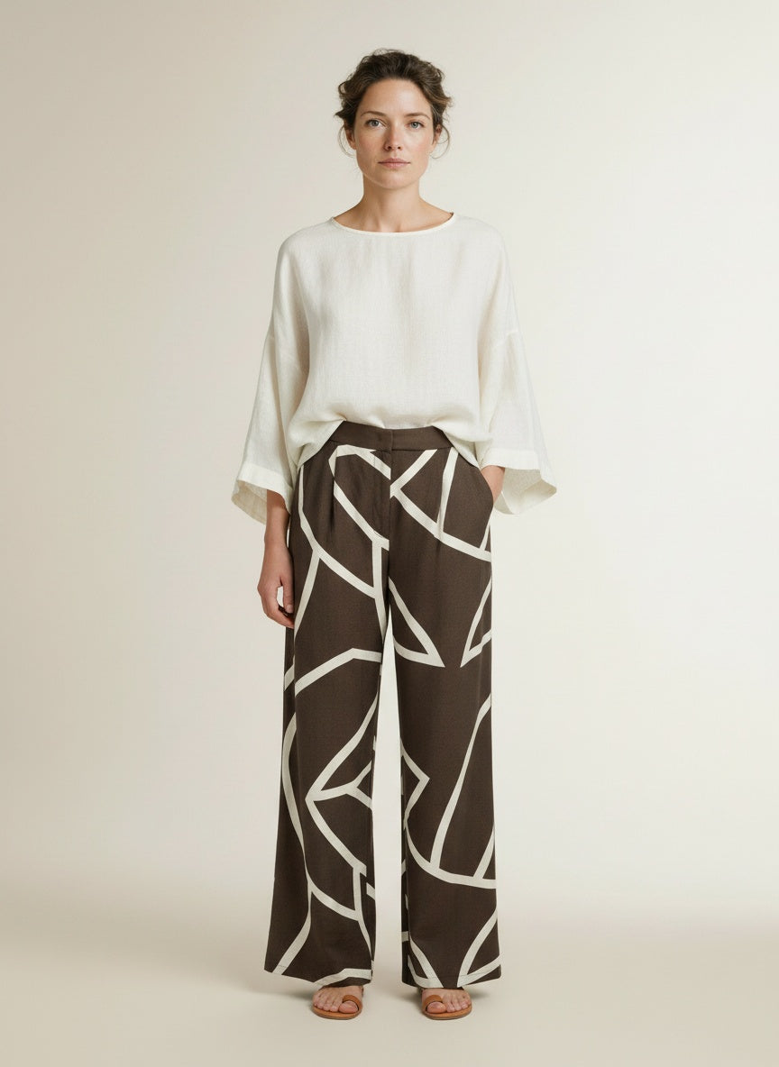 Full body view of the model wearing Yaya Woven Trousers With Wide Legs Chocolate Martini Brown Des
