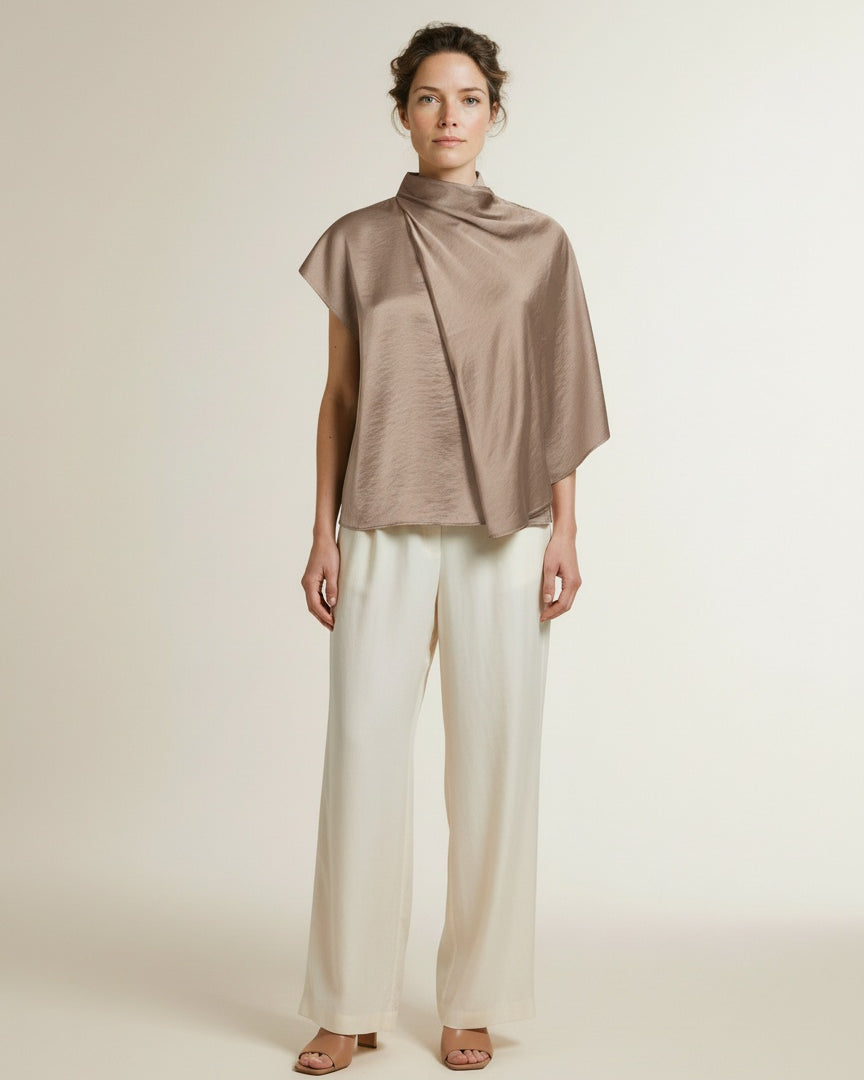 Full body view of the model wearing Co'couture Iduncc Cape Ss Blouse Walnut