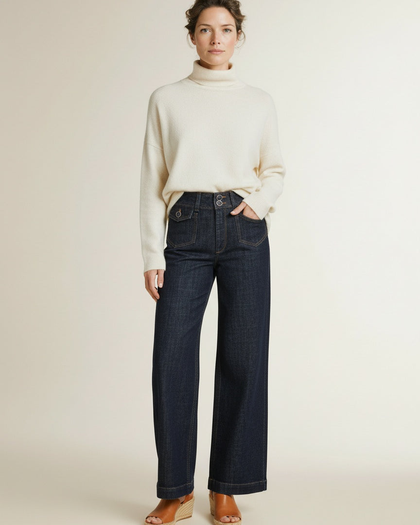 Full body view of the model wearing Mos Mosh Mmcolette Nippon Jeans 447 Dark Blue