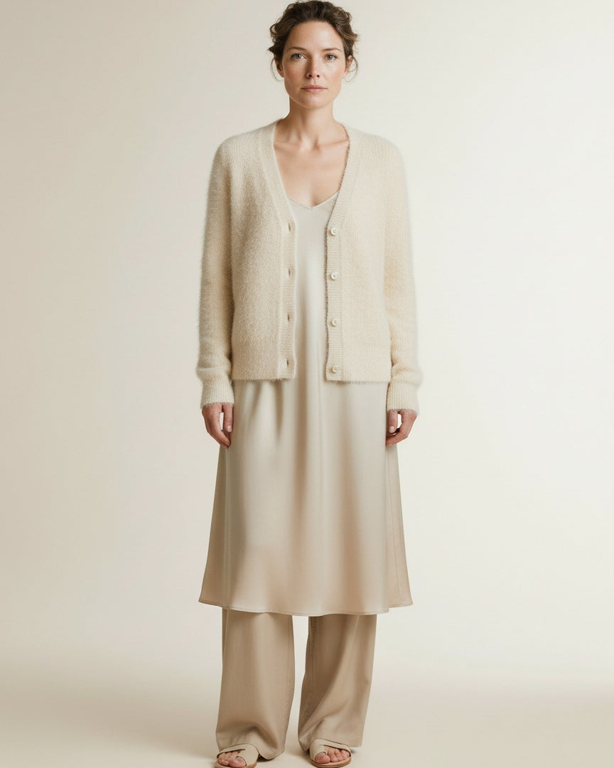 Full body view of the model wearing Red Button Cardigan Fuzzy Cream