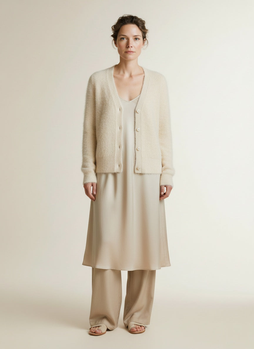 Full body view of the model wearing Red Button Cardigan Fuzzy Cream