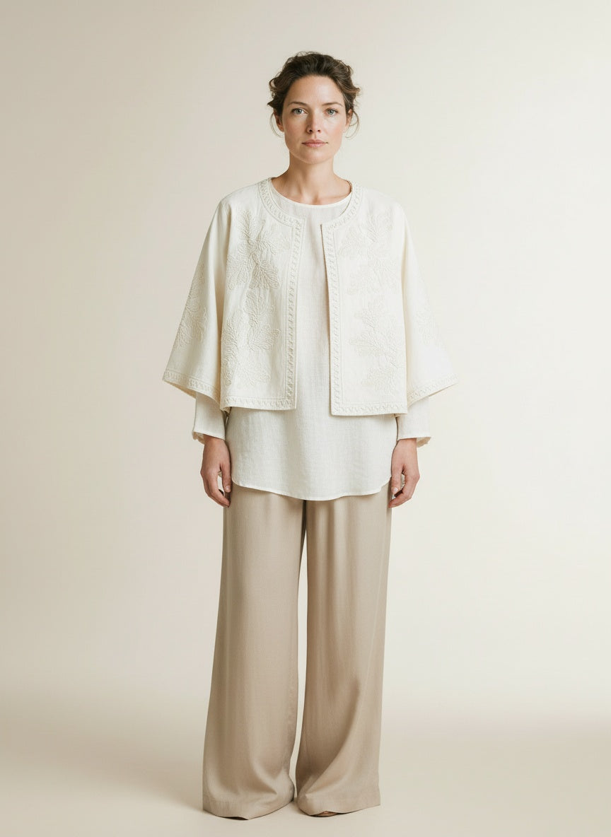Full body view of the model wearing Summum Jacket Embroidery 122 Ivory