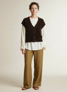 Full body view of the model wearing Red Button Sleeveless Fuzzy Espresso