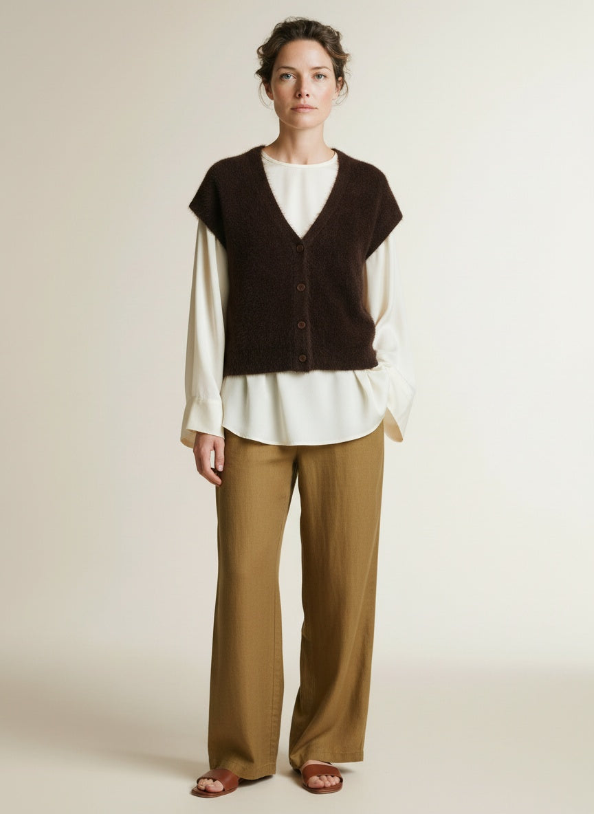 Full body view of the model wearing Red Button Sleeveless Fuzzy Espresso