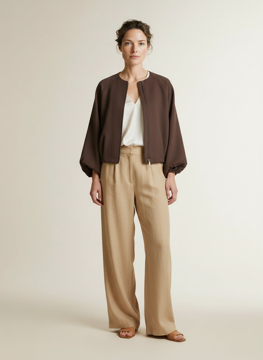 Full body view of the model wearing Msch Copenhagen Mschzein Esteriane Jacket Hot Fudge