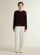 Full body view of the model wearing Red Button Sweet Fuzzy Burgundy