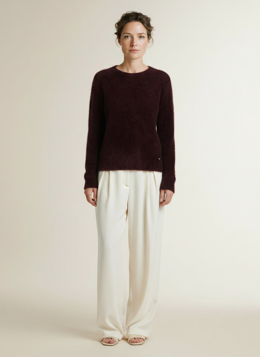 Full body view of the model wearing Red Button Sweet Fuzzy Burgundy