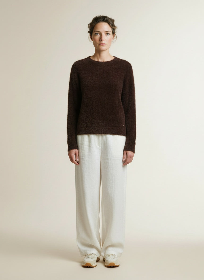 Full body view of the model wearing Red Button Sweet Fuzzy Espresso