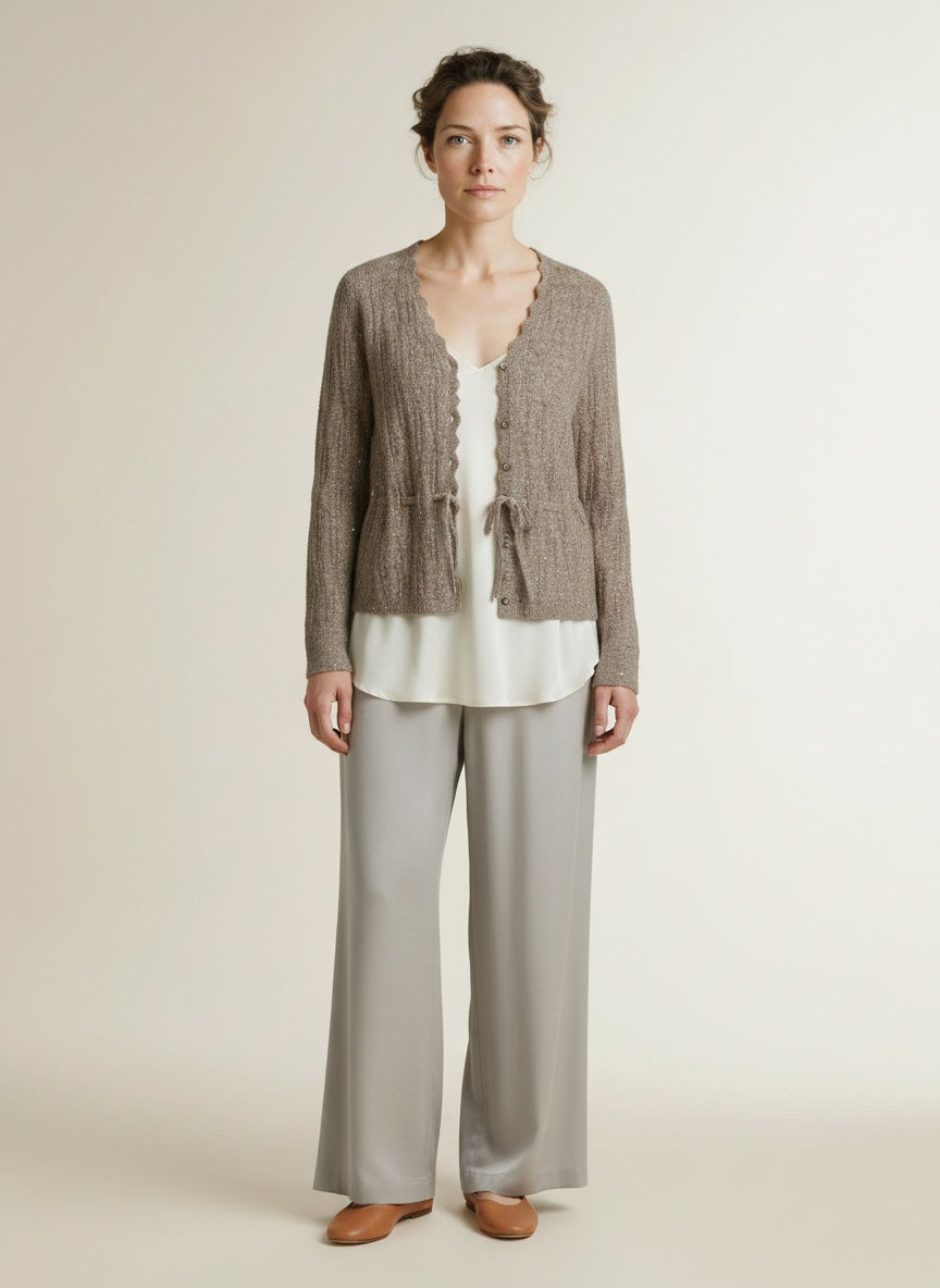 Full body view of the model wearing Red Button Cardigan Ajour Sparkle Truffle