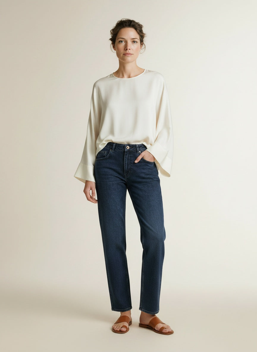Full body view of the model wearing Mos Mosh Mmdivona Chrome Jeans 447 Dark Blue